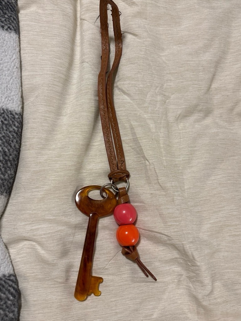 Fossil Brown Leather Bag Charm with Key and Beads